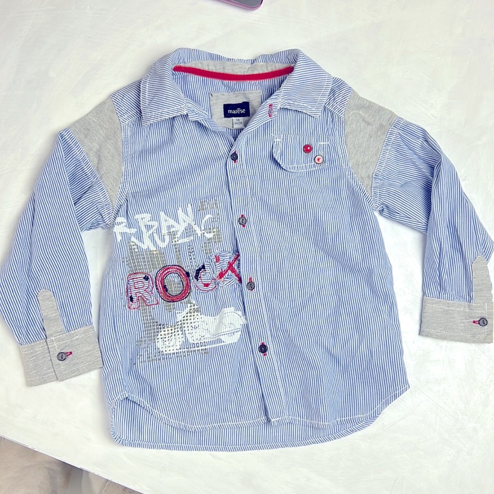 Marese boys baby button down shirt Sz. 3A Blue Striped Aplique Graffiti Cotton